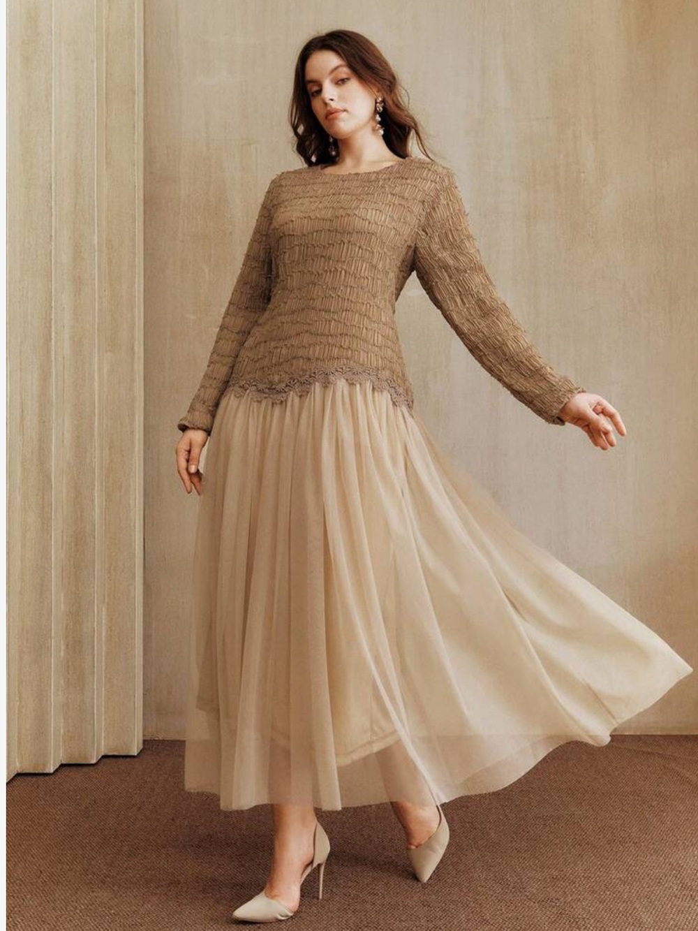Anewsta Plus Size ALine Brown Mesh Hem Long Sleeve Dress 3X new with tags